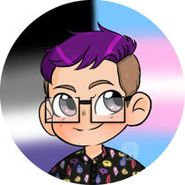 Cartoon selfie: white, purple hair, square glasses, backed by trans and asexual pride flags